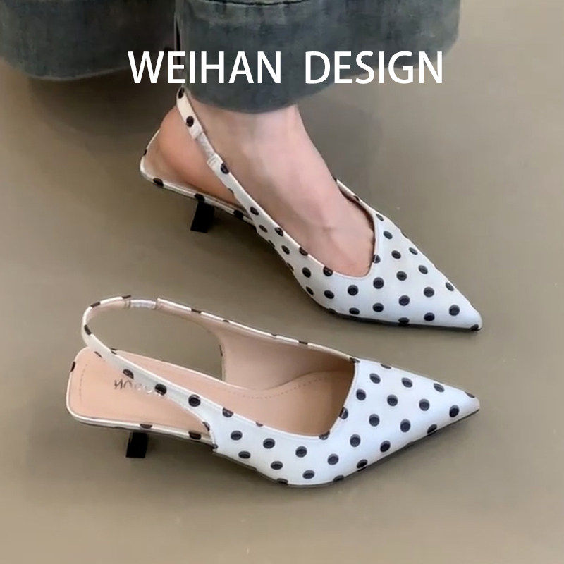 羊皮版！法式波点尖头细跟单鞋女气质包头凉鞋後绊带一字带高跟鞋