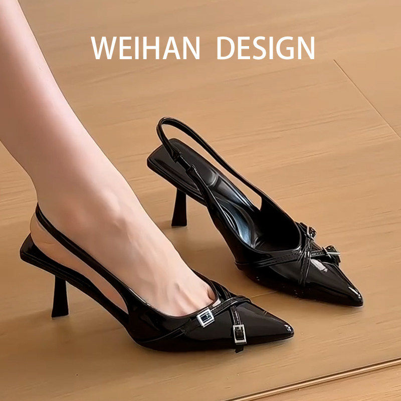羊皮版！法式高级感气质尖头凉鞋漆皮金属扣绝美后绊带细跟高跟鞋