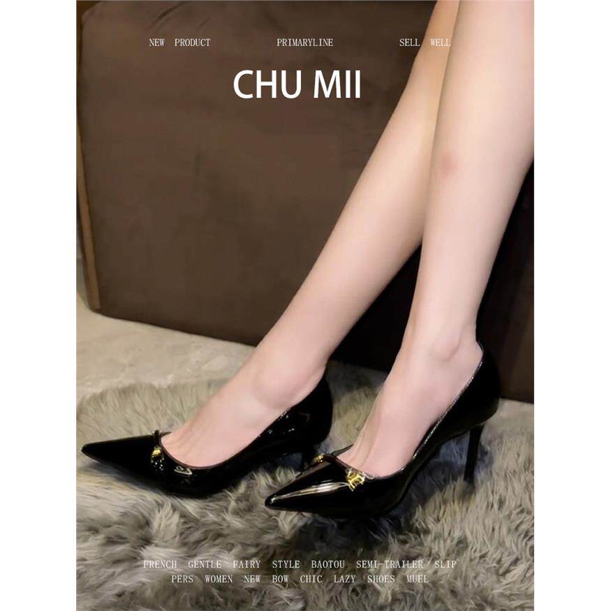 羊皮版~御姐风黑色尖头职业鞋女金属扣浅口单鞋细跟一脚蹬高跟鞋