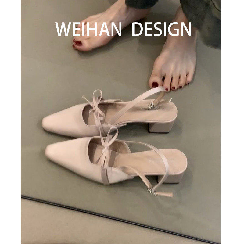 羊皮版！气质缎面蝴蝶结包头凉鞋女尖头粗跟一字带高跟鞋后空单鞋