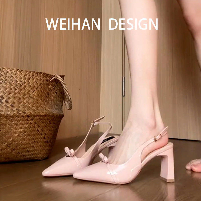 羊皮版！法式优雅尖头蝴蝶结高跟鞋后空粗跟包头浅口百搭气质凉鞋