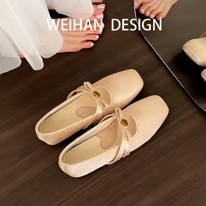 羊皮版！法式山茶花蝴蝶结玛丽珍鞋女方头软底一字带浅口缎面单鞋