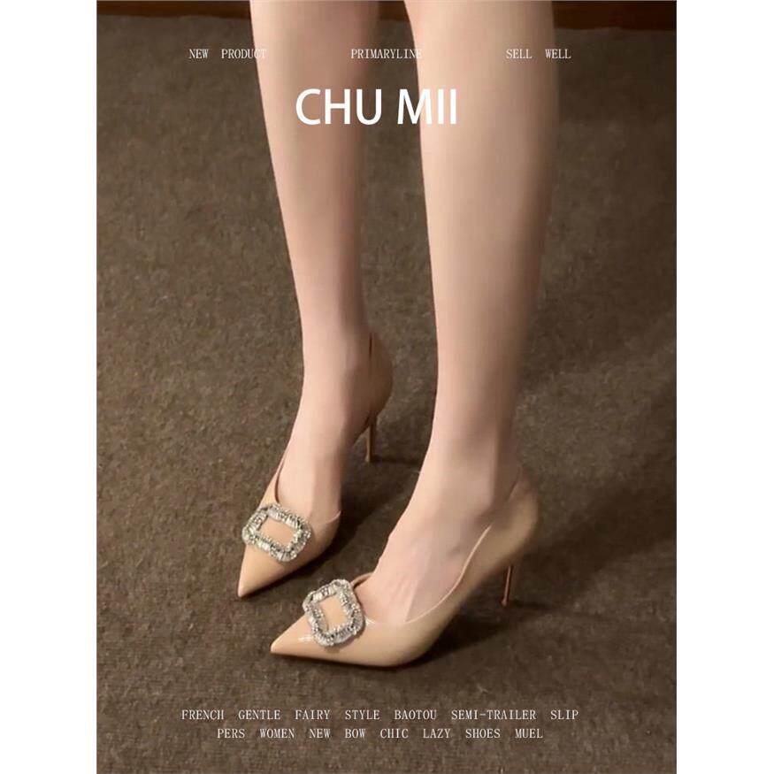 羊皮版~法式水钻细跟高跟鞋女漆皮御姐风尖头单鞋配裙子侧空凉鞋