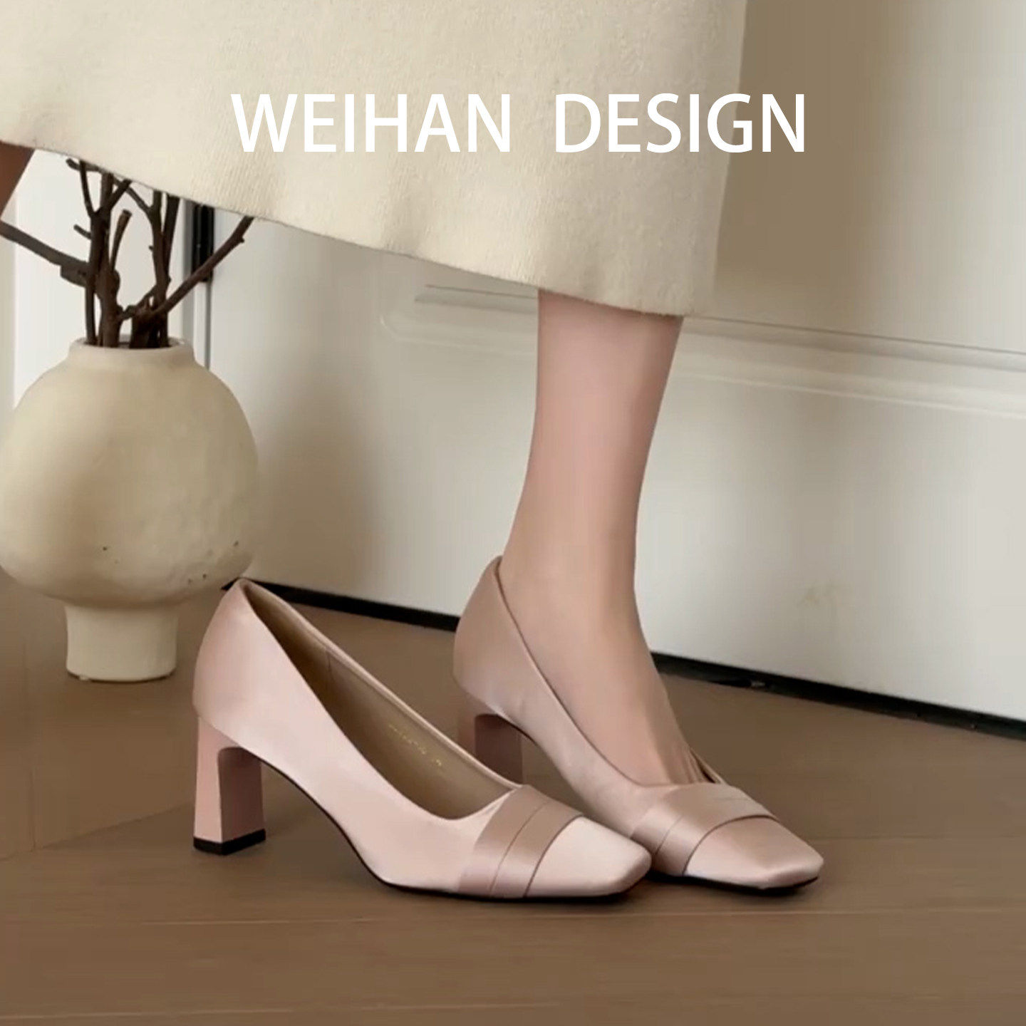 羊皮版！千金名媛风绸缎高跟鞋法式配裙子粗跟方头气质单鞋不累脚