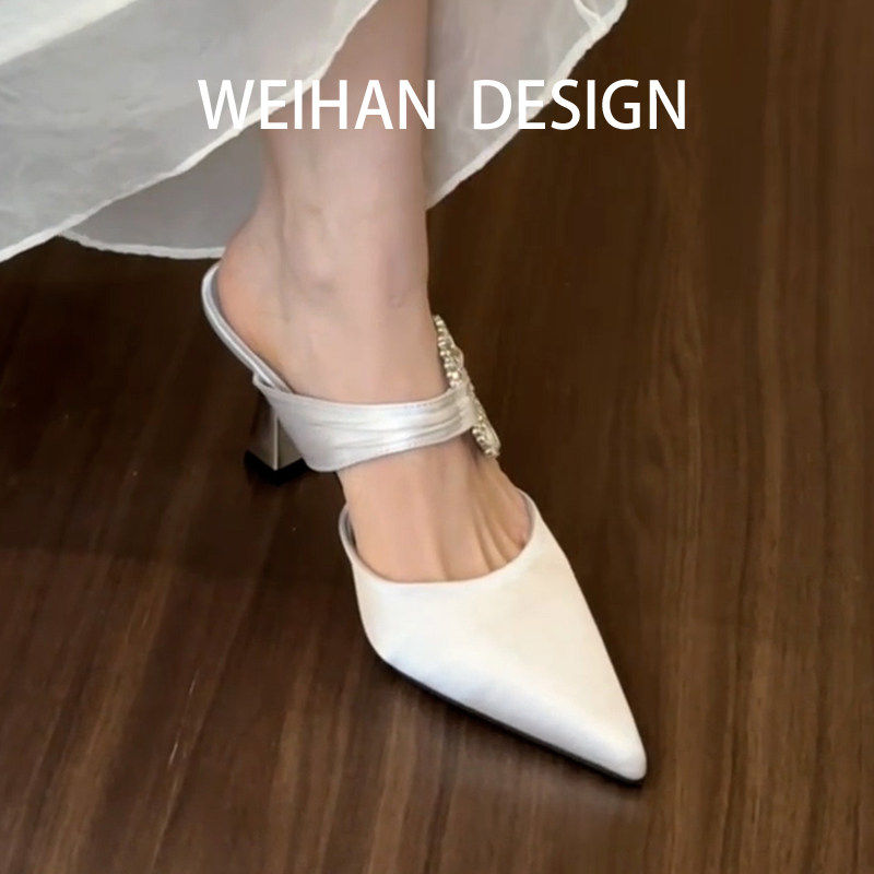 羊皮版！法式尖头高跟凉鞋女绸缎轻奢水钻一字带细跟包头凉拖外穿