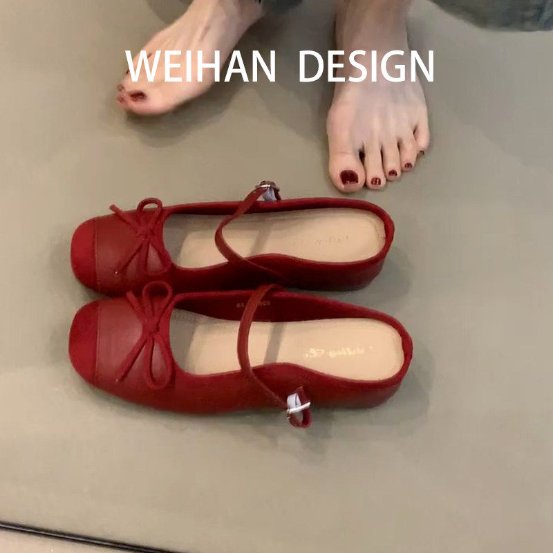 羊皮版！法式红色内增高包头半拖鞋女外穿玛丽珍平底芭蕾舞凉拖鞋