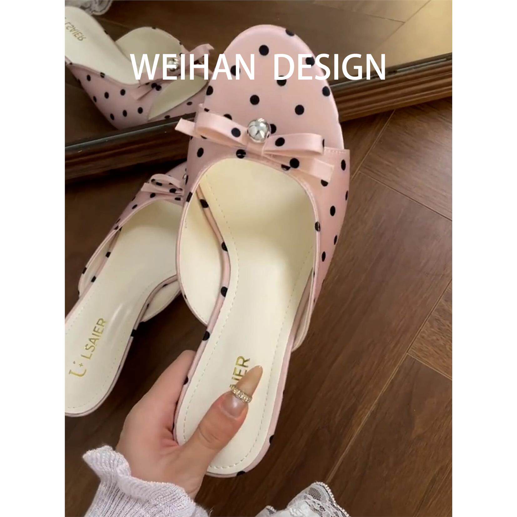 羊皮版！法式蝴蝶结波点仙女风露趾凉鞋女夏外穿百搭通勤凉拖鞋
