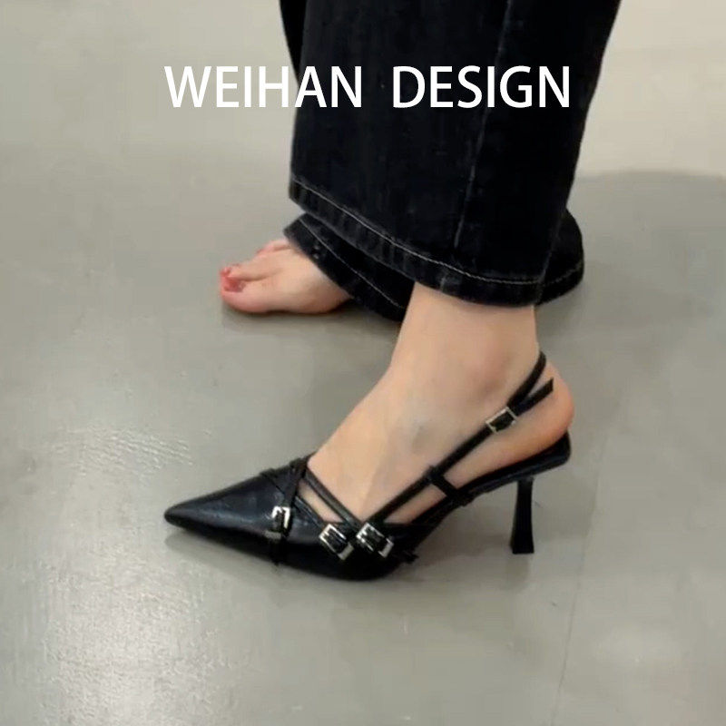 羊皮版！尖头皮带扣包头凉鞋女一字带浅口气质单鞋后空黑色高跟鞋