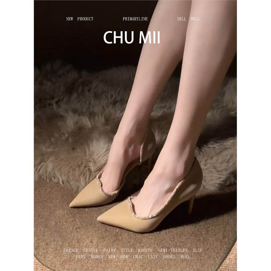 羊皮版~气质名媛风水钻高跟鞋女高级感尖头细跟单鞋时尚侧空凉鞋