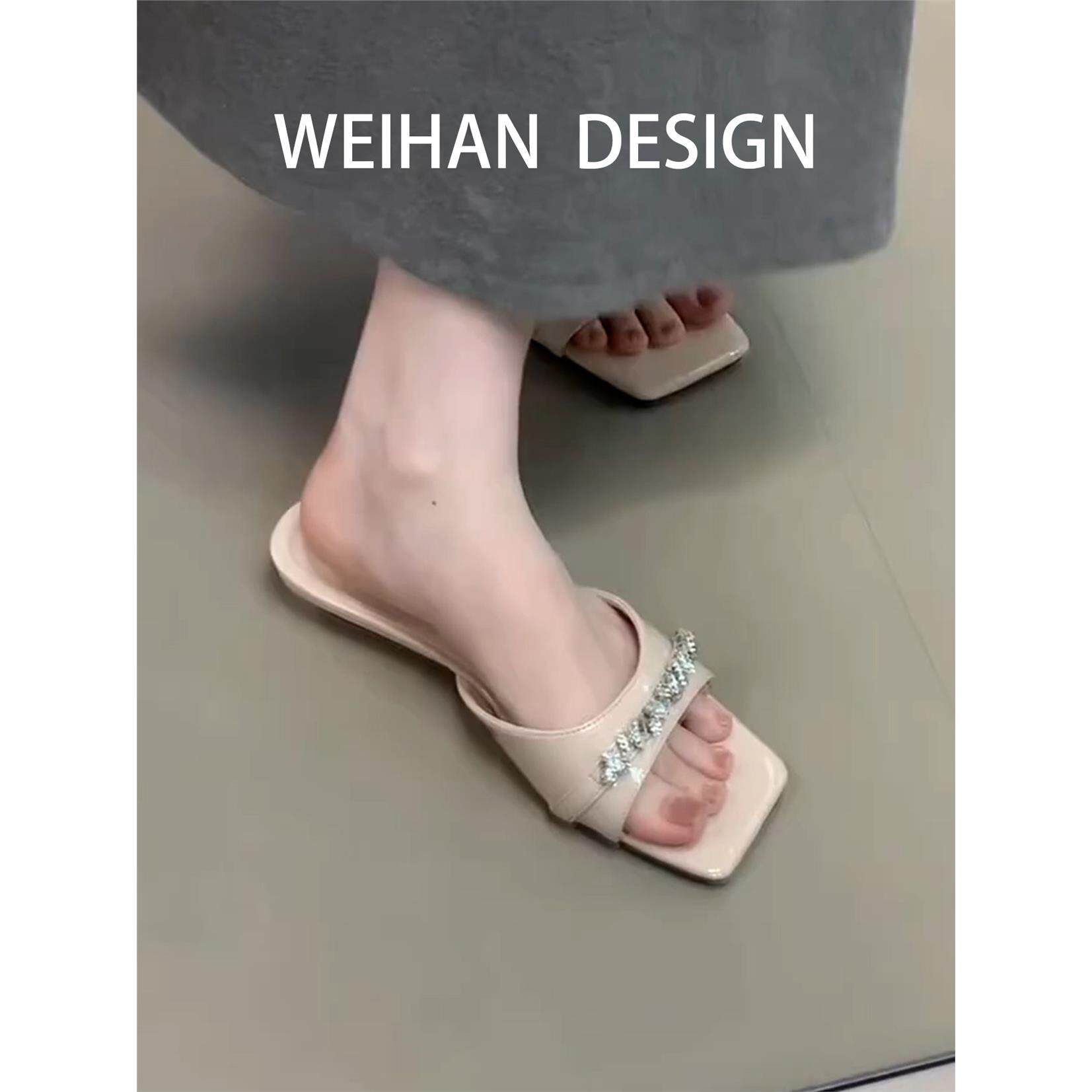 羊皮版！仙女风水钻一字拖鞋女平底露趾方头凉拖气质名媛风凉鞋