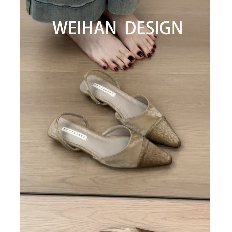 羊皮版！法式低跟温柔包头凉鞋女尖头小香风淑女后空复古气质单鞋