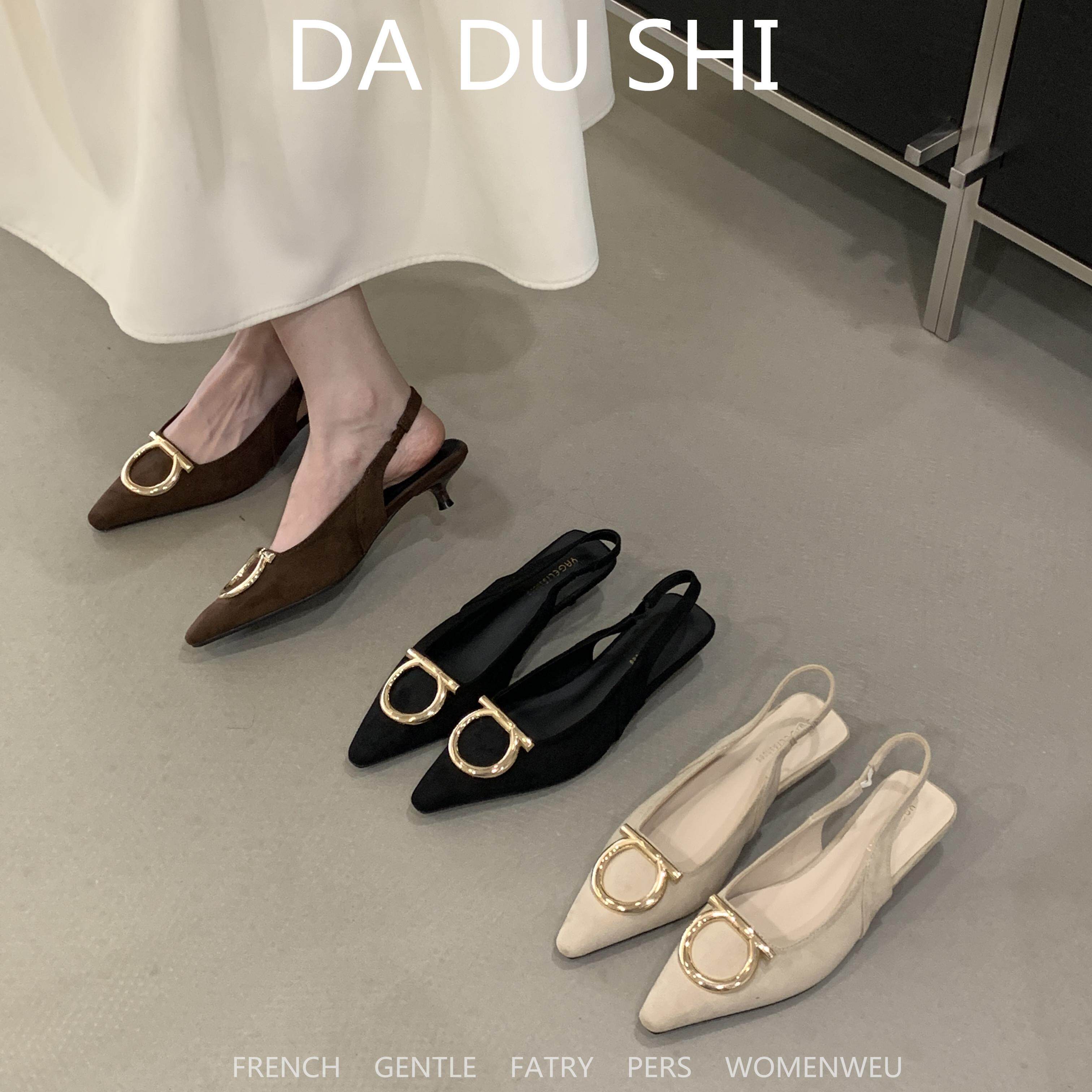 2026春新款法式复古风尖头包头凉鞋女金属扣浅口猫跟气质百搭单鞋