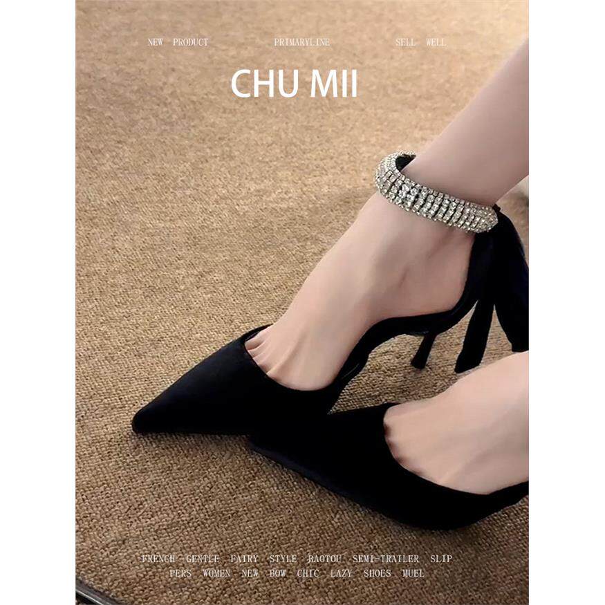 羊皮版~气质名媛风细跟高跟鞋女法式水钻蝴蝶结单鞋御姐尖头凉鞋