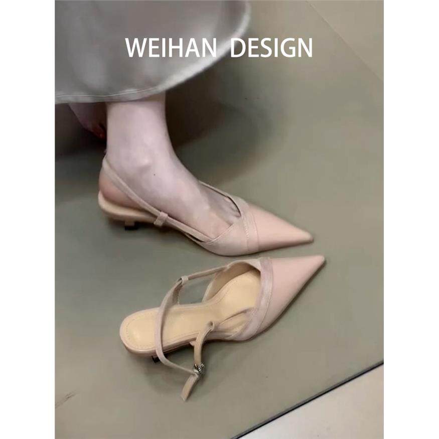 羊皮版！法式复古高跟鞋女细跟尖头包头凉鞋不累脚后空配裙子单鞋