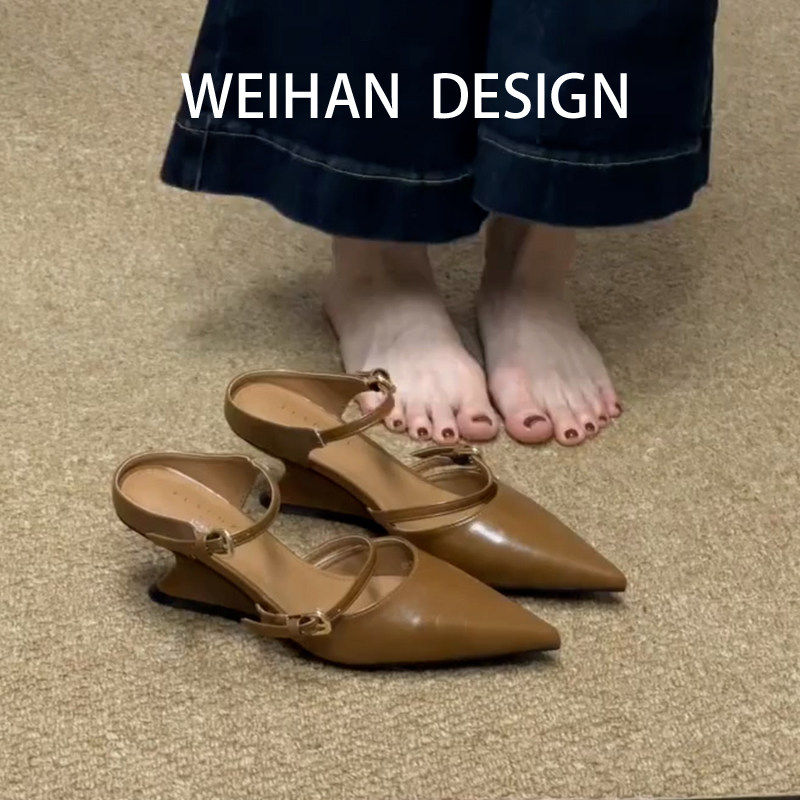 羊皮版！棕色尖头高跟鞋女气质高级感不累脚坡跟单鞋通勤包头凉鞋