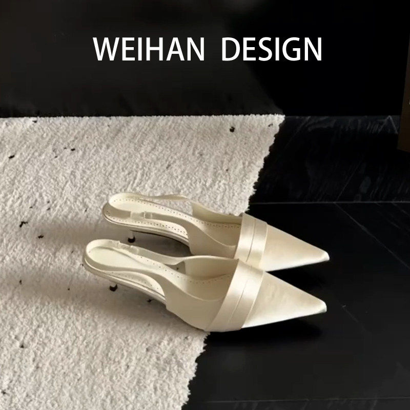 羊皮版！法式缎面细跟包头凉鞋女尖头气质高跟鞋一字带名媛风单鞋