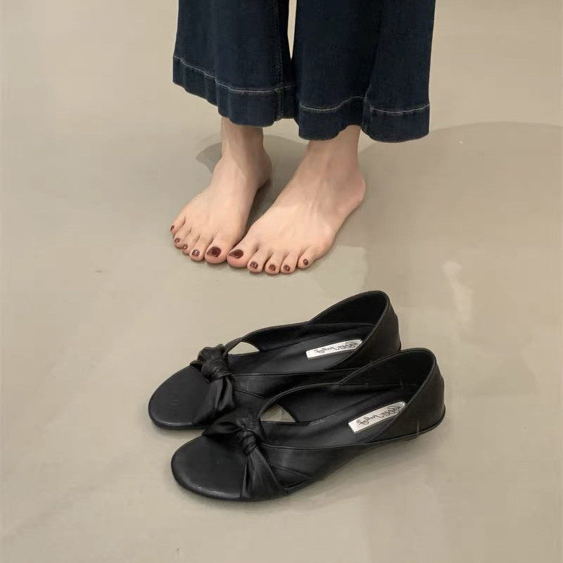 法式蝴蝶结粗跟露趾包跟凉鞋女2026春夏季新款度假罗马鞋两穿凉拖