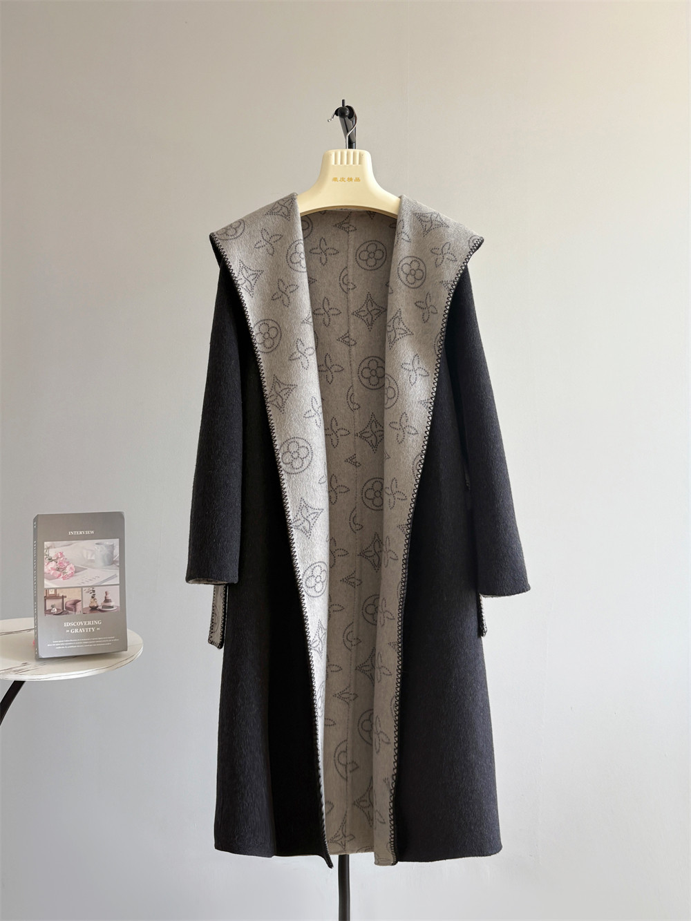 thumbnail for Pretty girl temperament, hooded double-faced wool jacket, women's mid-length jacquard Korean winter woolen coat P528