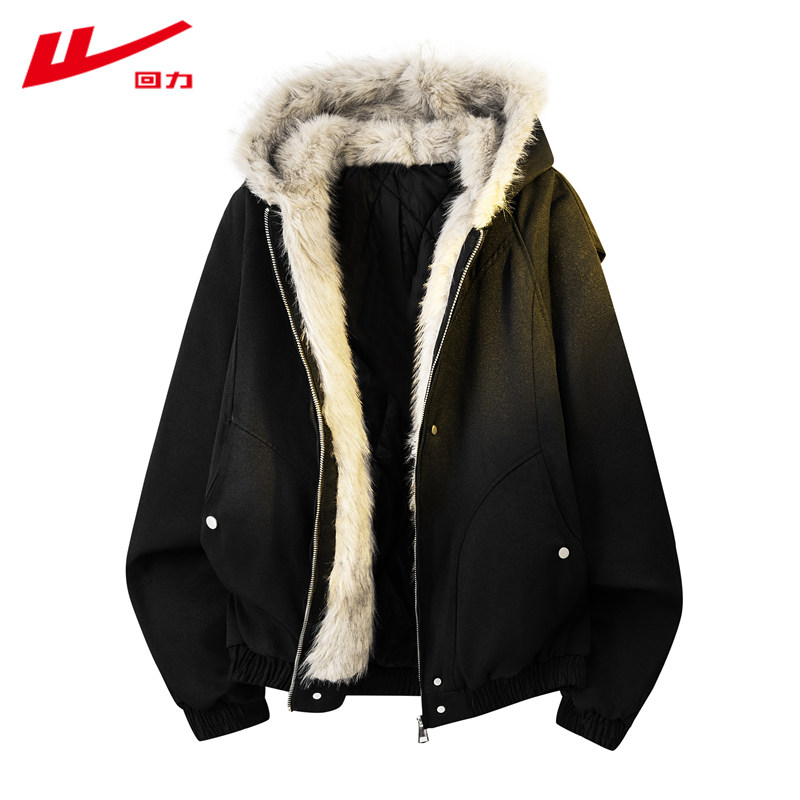 回力美式毛领棉服男2025新款加厚连帽冬季加绒情侣款百搭棉衣外套