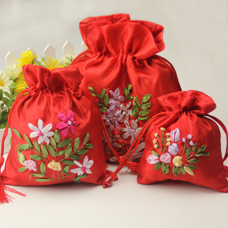 红喜糖袋丝带绣花中国风流苏抽绳束口锦袋收纳袋礼品包装礼品包装