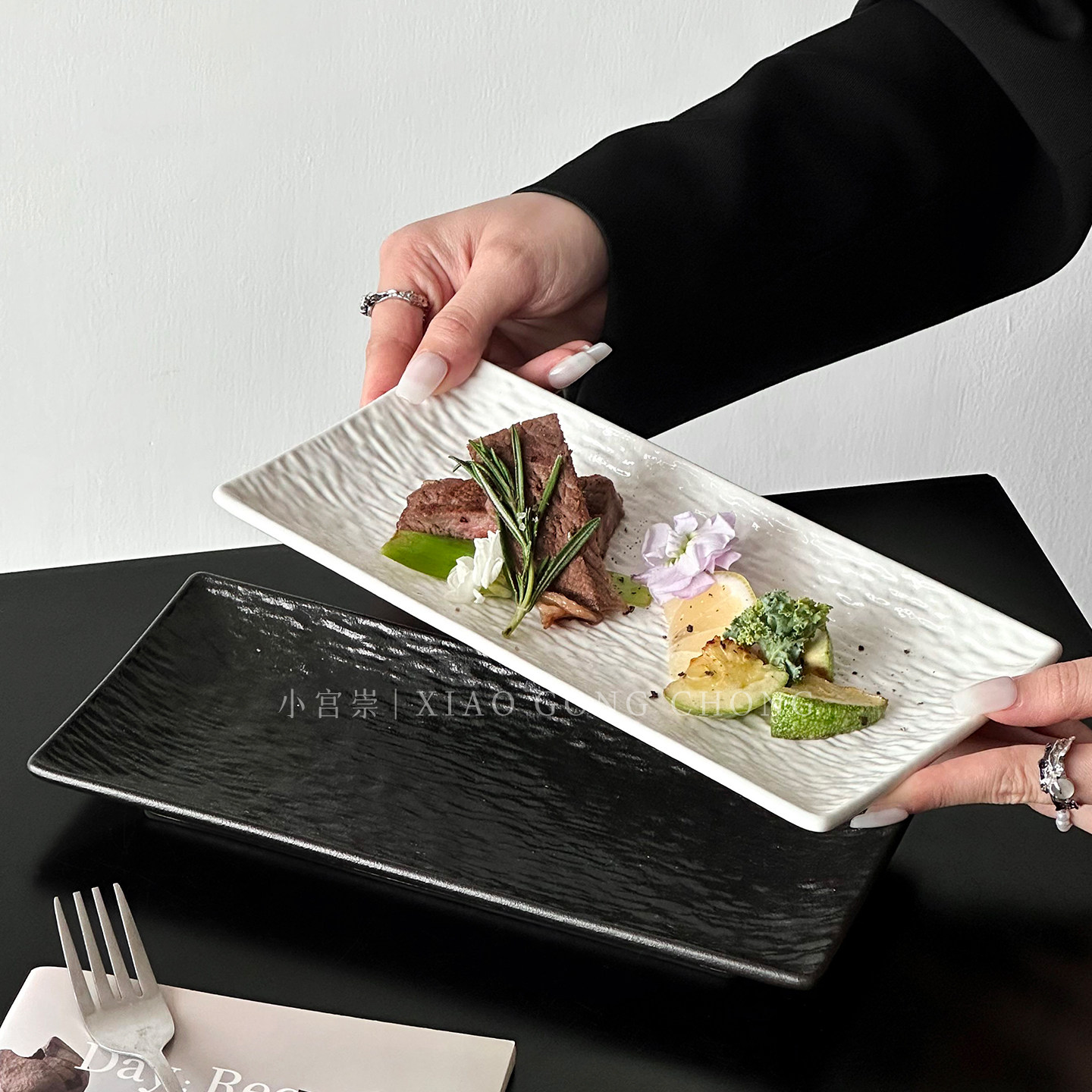 ins风长方形石纹陶瓷寿司盘家用精致菜盘刺身盘牛排盘创意西餐盘