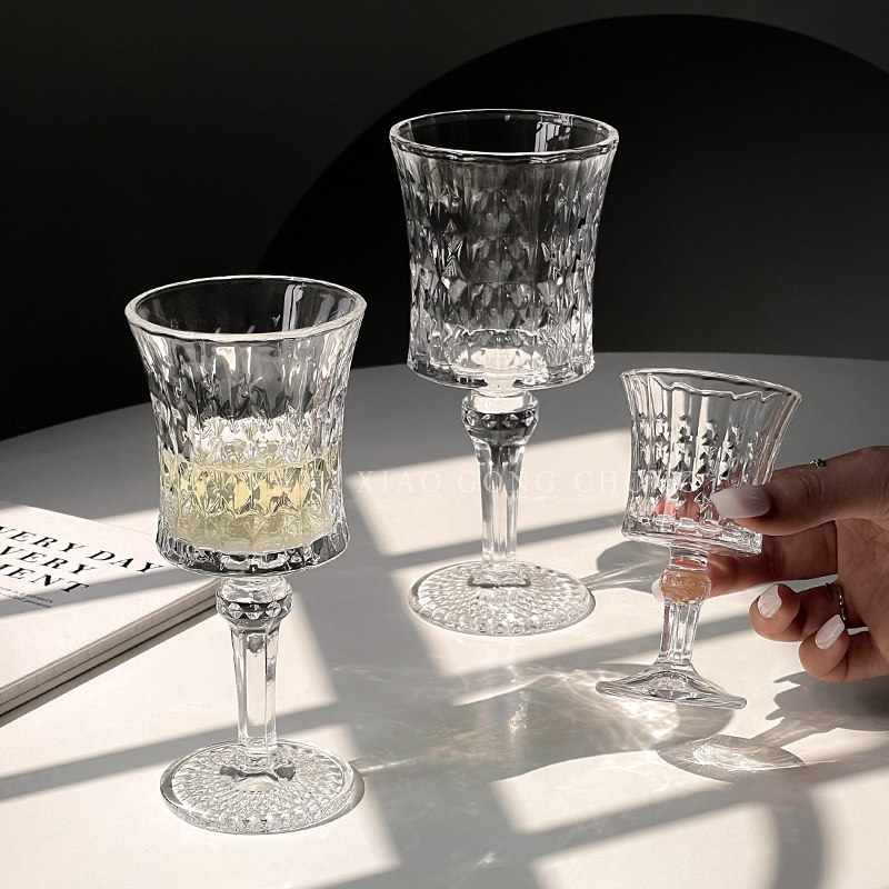 法式ins浮雕高脚杯 高颜值家用葡萄酒果汁杯香槟杯红酒杯玻璃杯子