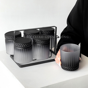 复古磨砂黑玻璃杯喝水杯子套装家用客厅待客轻奢高级感啤酒杯茶杯