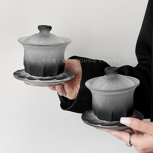 新中式高级感渐变黑玻璃盖碗茶杯