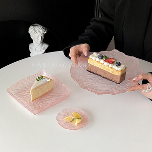 ins风不规则粉色冰川盘家用玻璃点心碟水果盘圆形甜品盘餐具托盘