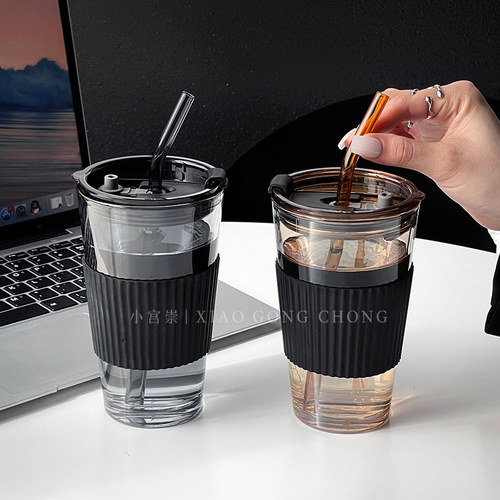 ins风家用带盖带吸管玻璃水杯