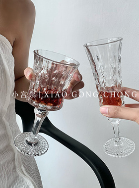 小众复古ins风钻石浮雕高脚杯高颜值玻璃杯香槟杯红酒杯法式杯子