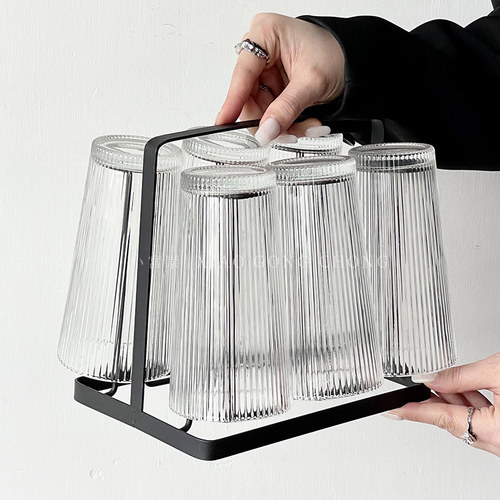 ins风家用条纹玻璃喝水杯带杯架