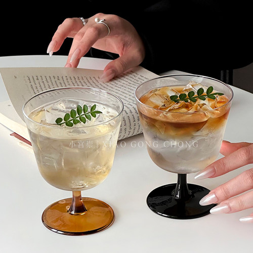 ins风中古高脚阔口冰美式咖啡杯