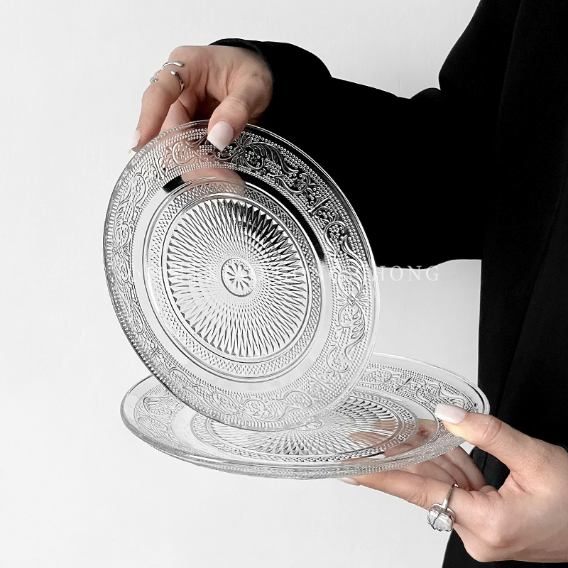 ins风圆形玻璃花纹平盘水果盘