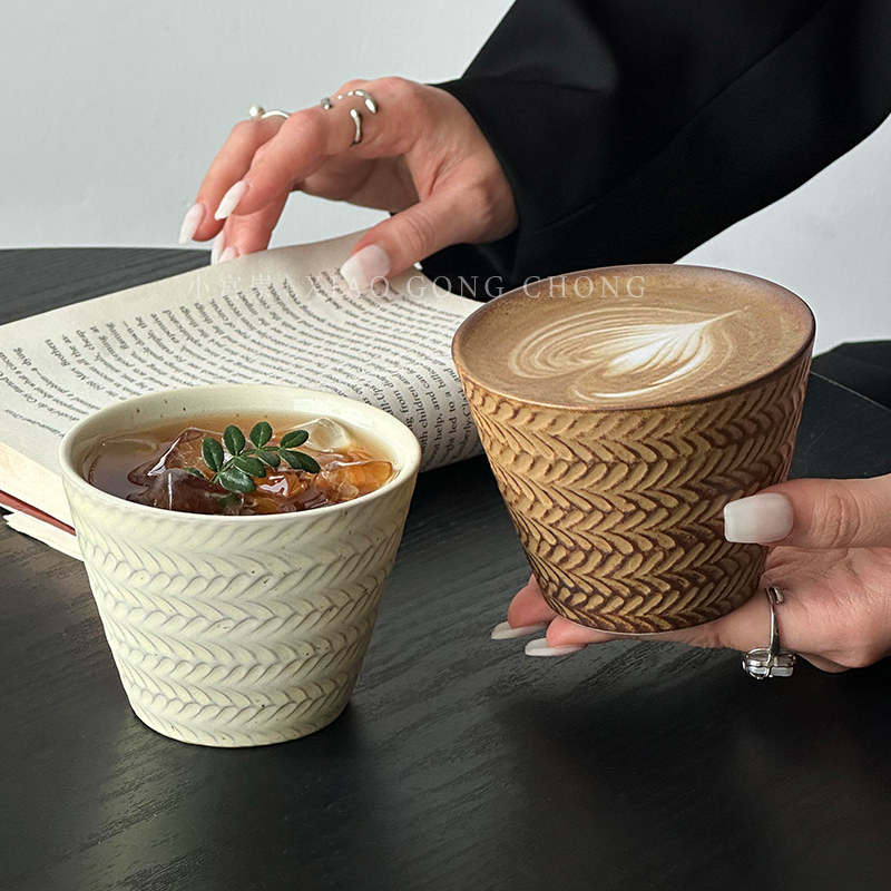 复古浮雕麦穗粗陶咖啡杯日式窑变釉猪口杯高颜值拿铁拉花杯茶杯子,餐饮具,咖啡杯,淘宝优惠券,粉丝福利购,淘宝优惠卷