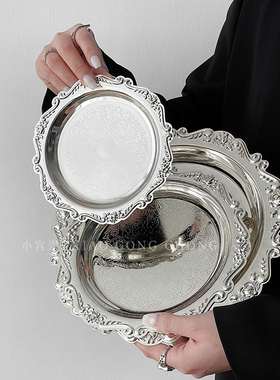 欧式复古雕花金属托盘咖啡茶杯垫ins宫廷风香薰蜡烛盘摆件甜品盘