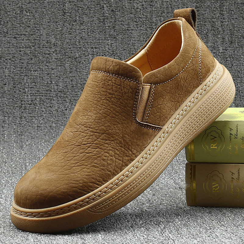 男士休闲皮鞋真皮一脚蹬乐福鞋透气软底百搭男鞋防滑耐磨舒适厚底