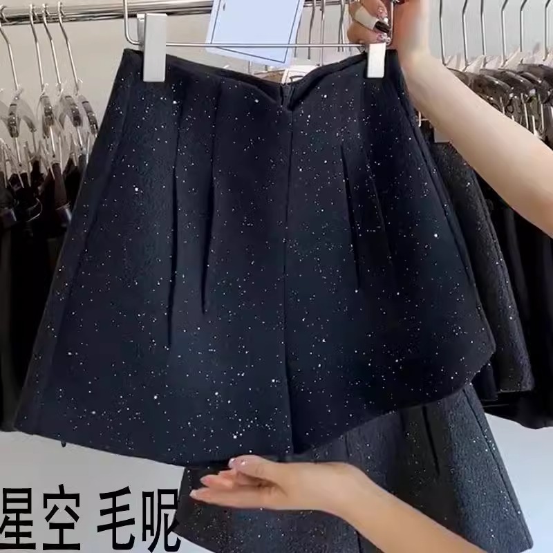 星空毛呢短裤高腰a字休闲西装裤亮片闪闪小个子靴裤辣妹阔腿裤