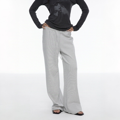 黑白条纹斜肩绑带长袖长裤套装