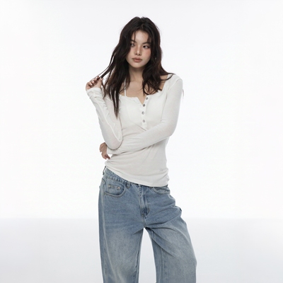 羊毛混纺U型亨利长袖修身打底