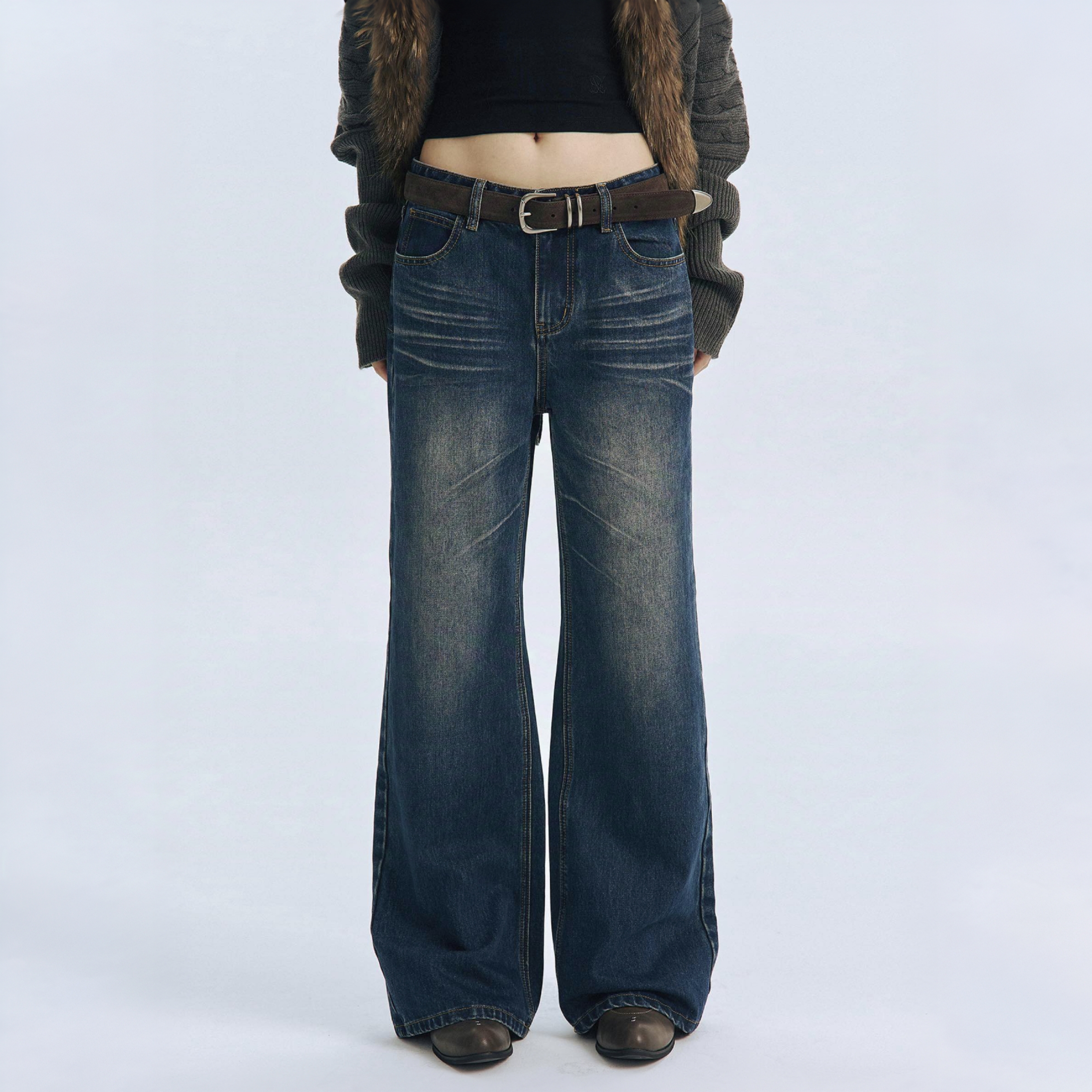 Archivum水洗做旧深蓝色牛仔裤