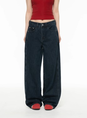 Archivum 复古水洗深蓝牛仔裤宽松直筒阔腿裤显瘦休闲百搭长裤女