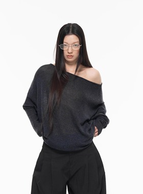 Archivum 羊毛羊绒混纺一字肩斜肩堆叠两穿罩衫舒适上衣休闲女