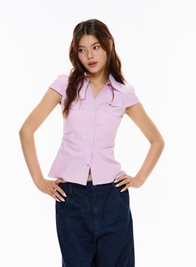Archivum 夏季粉色条纹正肩掐腰剪裁设计感衬衫短袖女上衣百搭潮