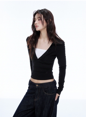 Archivum 复古假两件撞色polo深V领针织长袖显瘦性感显瘦辣妹上衣