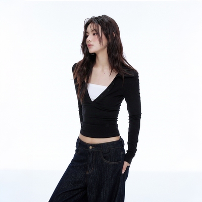 假两件撞色polo深V领针织长袖