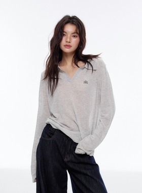 Archivum 亚麻莱赛尔天丝混纺V领POLO灰色显瘦防晒罩衫长袖上衣女