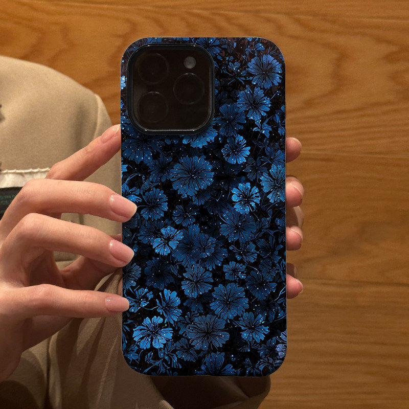 暗黑系蓝色妖姬花朵适用苹果iPhone16Promax手机保护壳15磨砂14二合一13全包12防摔17Pro新款Xsmax情侣保护套