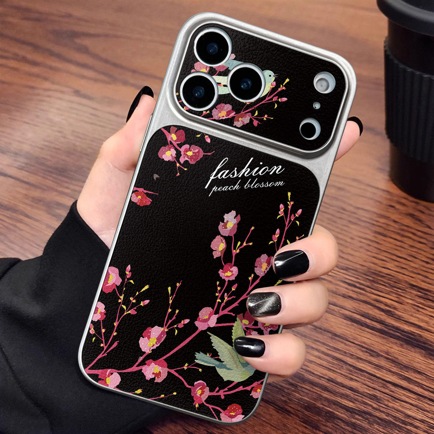 适用于苹果17promax手机壳新款素皮桃枝栖雀套全包大视窗高级感网红13简约14外iphone15防摔16pro软