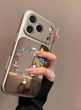 黑皮爱心猫适用苹果17promax手机保护壳iPhone16pro新款16plus蓝色镜面15大视窗套矽胶4防摔3女全包air秒变17